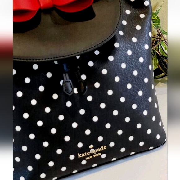 KATE SPADE DISNEY MINNIE MOUSE BACKPACK BLACK WHITE POLKA DOT LEATHER RED BOW - Picture 7 of 9